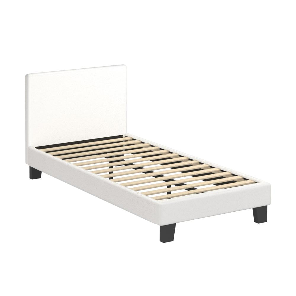 Oikiture King Single Bed Frame with Wooden Slats and Boucle Fabric Bed Base Mattress Platfrom White-Bed Frames-PEROZ Accessories