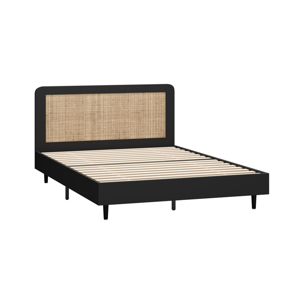 Oikiture Bed Frame Double Size Real Rattan Headboard Black-Bed Frames-PEROZ Accessories