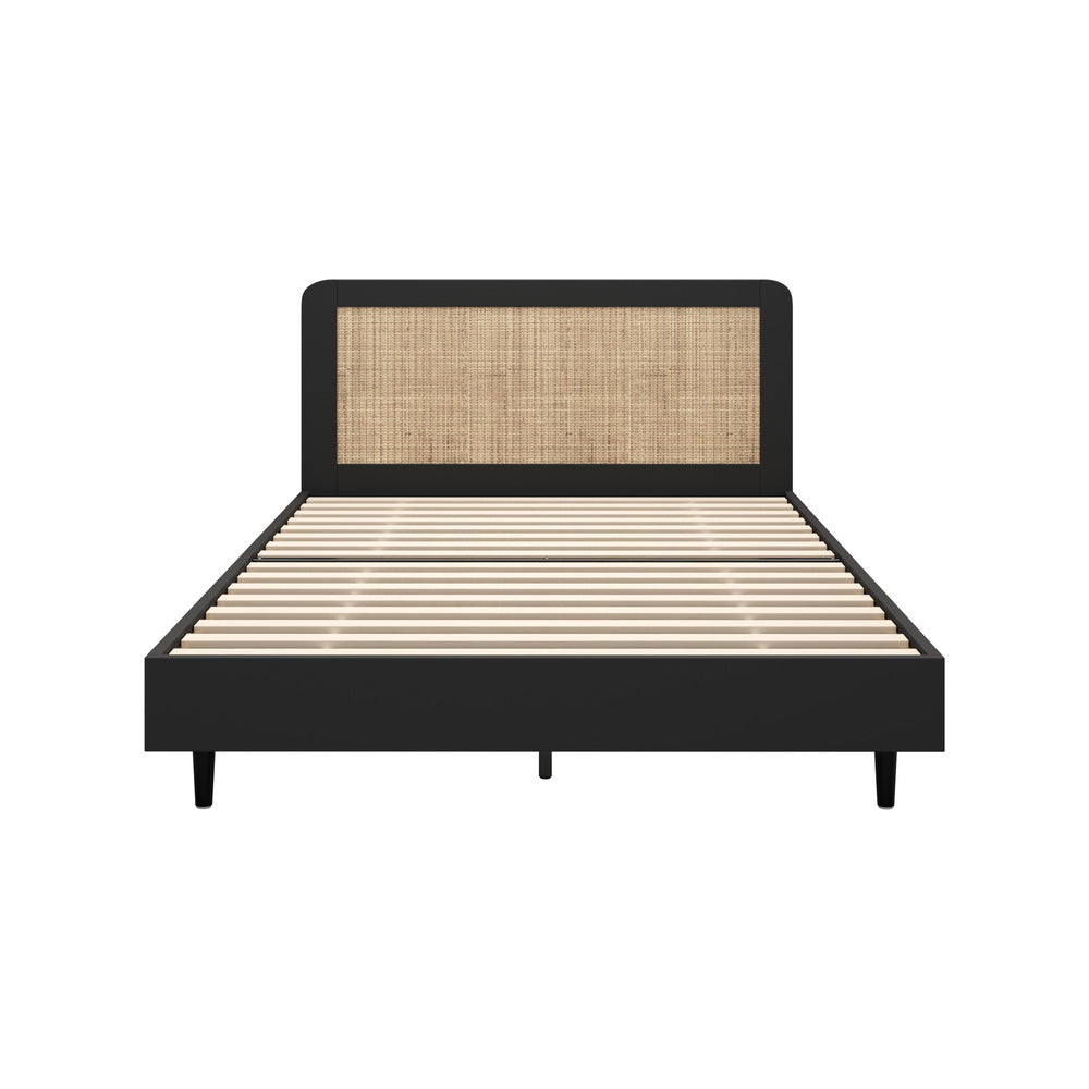 Oikiture Bed Frame Double Size Real Rattan Headboard Black-Bed Frames-PEROZ Accessories