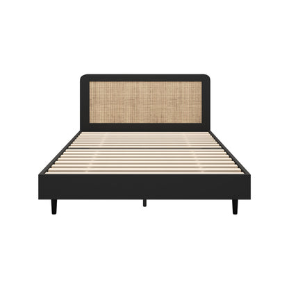 Oikiture Bed Frame Double Size Real Rattan Headboard Black-Bed Frames-PEROZ Accessories