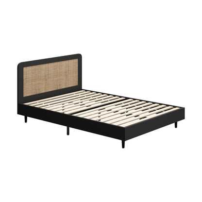 Oikiture Bed Frame Double Size Real Rattan Headboard Black-Bed Frames-PEROZ Accessories