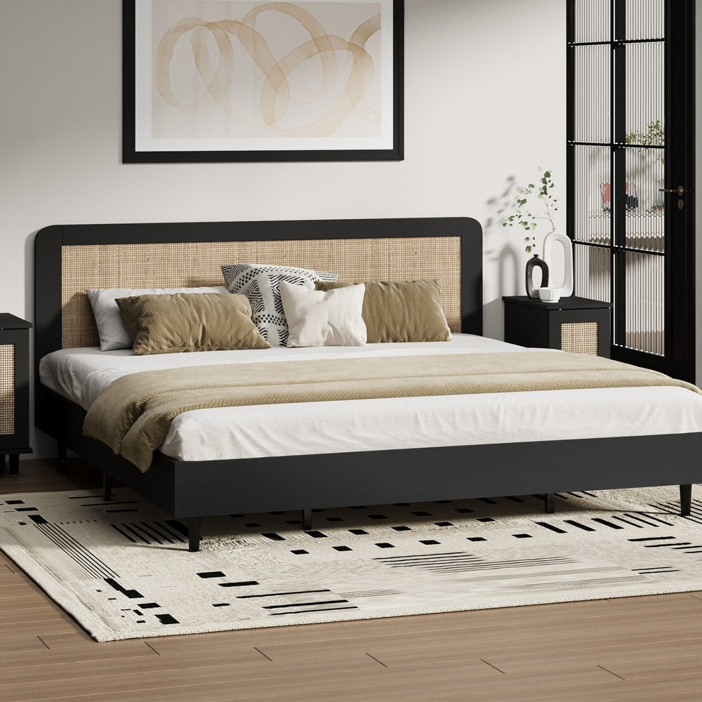 Oikiture Bed Frame King Size Real Rattan Headboard Black-Bed Frames-PEROZ Accessories