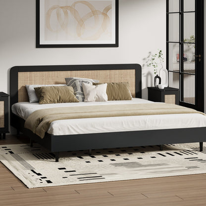 Oikiture Bed Frame King Size Real Rattan Headboard Black-Bed Frames-PEROZ Accessories