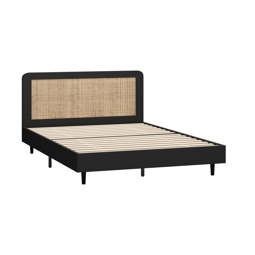 Oikiture Bed Frame Queen Size Real Rattan Headboard Black-Bed Frames-PEROZ Accessories