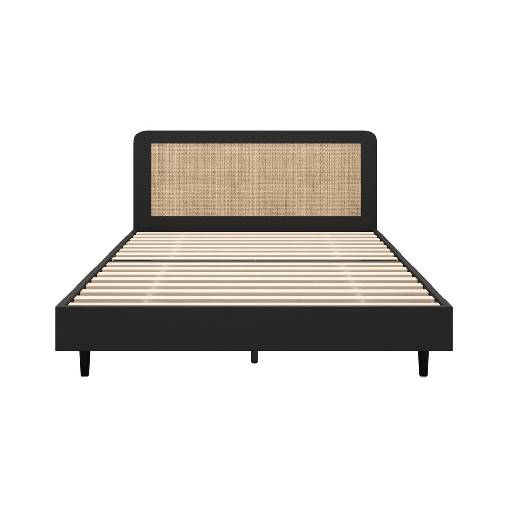 Oikiture Bed Frame Queen Size Real Rattan Headboard Black-Bed Frames-PEROZ Accessories