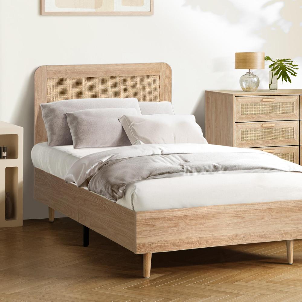 Oikiture Bed Frame Single Size Wooden Bed Frame Rattan Headboard-Bed Frames-PEROZ Accessories