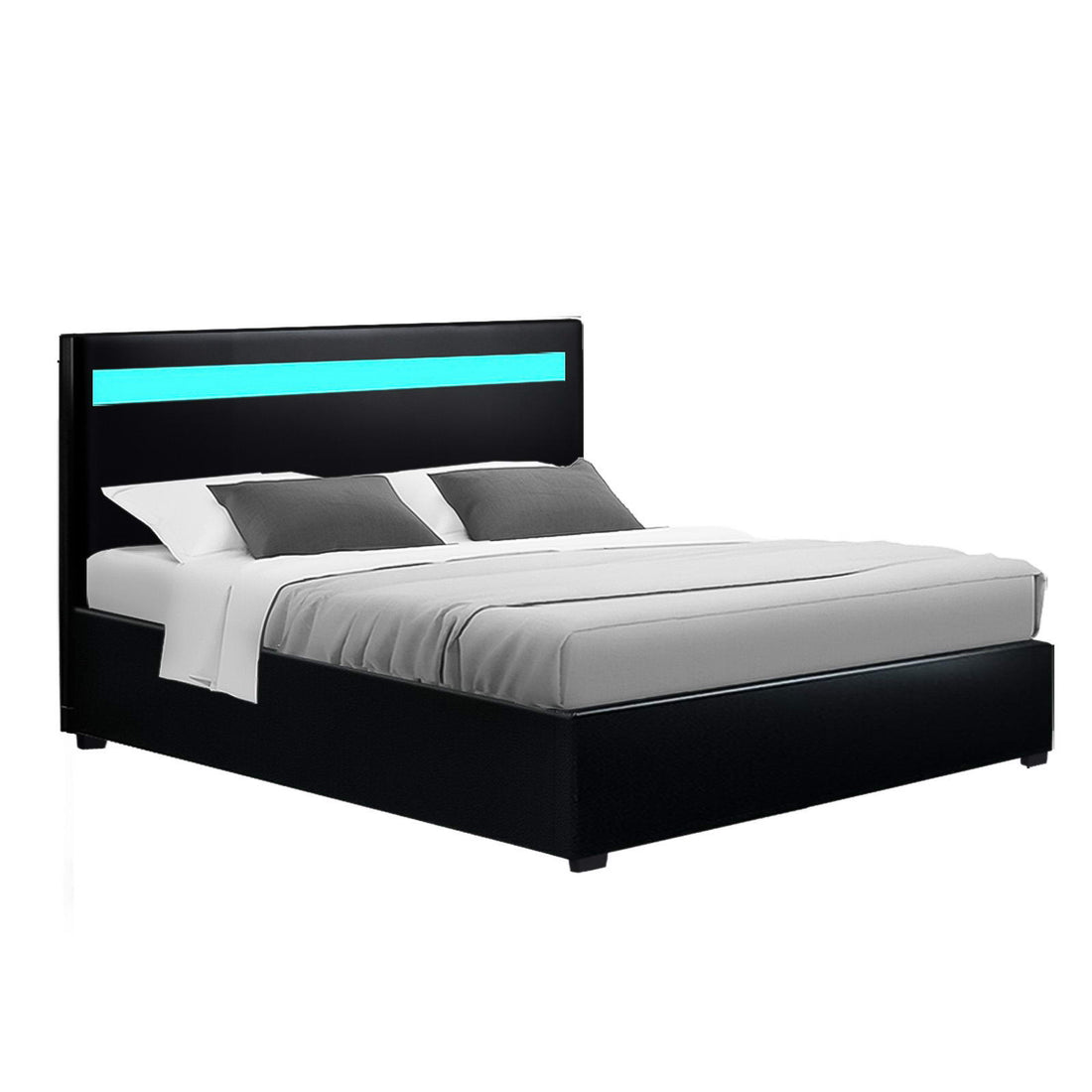 Artiss Cole LED Bed Frame PU Leather Gas Lift Storage - Black Double-Bed Frames-PEROZ Accessories