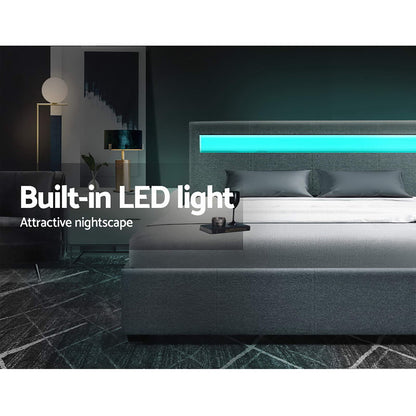 Artiss Bed Frame Double Size Gas Lift RGB LED Bedbase Grey Cole-Bed Frames-PEROZ Accessories