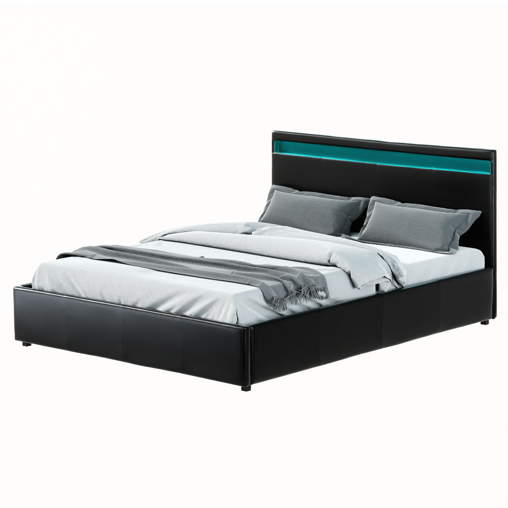 Artiss Cole LED Bed Frame PU Leather Gas Lift Storage - Black Queen-Bed Frames-PEROZ Accessories