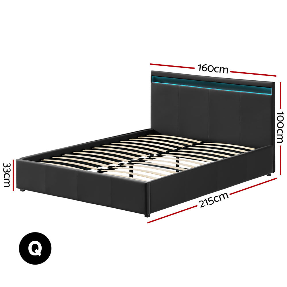 Artiss Cole LED Bed Frame PU Leather Gas Lift Storage - Black Queen-Bed Frames-PEROZ Accessories