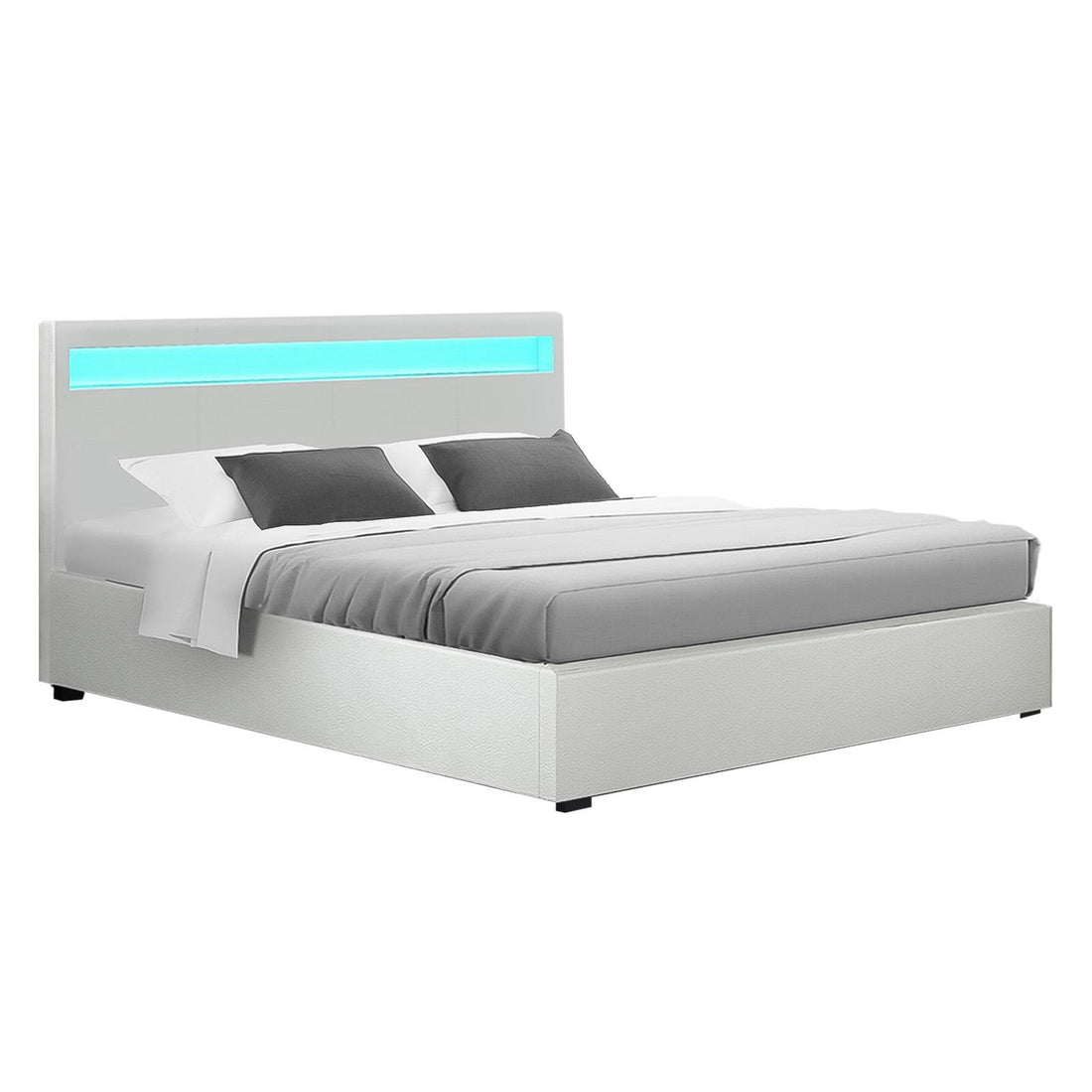 Artiss Cole LED Bed Frame PU Leather Gas Lift Storage - White Queen-Bed Frames-PEROZ Accessories