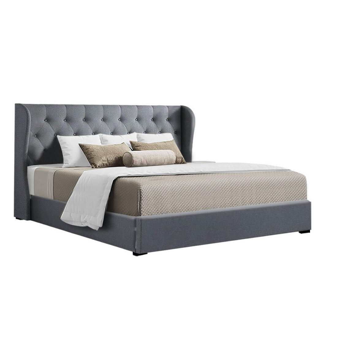 Artiss Issa Bed Frame Fabric Gas Lift Storage - Grey King-Bed Frames-PEROZ Accessories