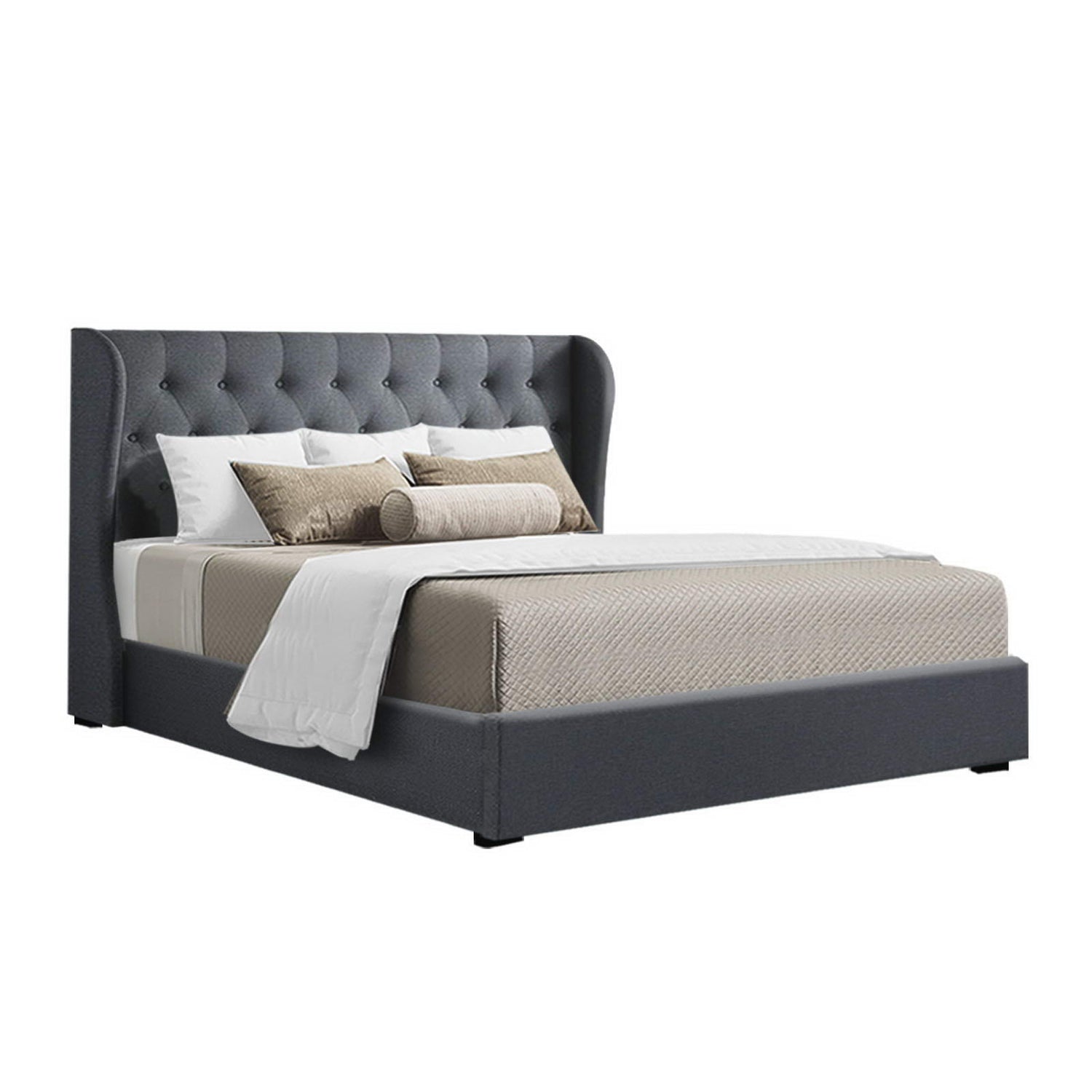 Artiss Issa Bed Frame Fabric Gas Lift Storage - Charcoal Queen-Bed Frames-PEROZ Accessories