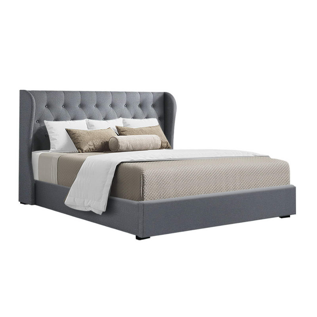 Artiss Issa Bed Frame Fabric Gas Lift Storage - Grey Queen-Bed Frames-PEROZ Accessories