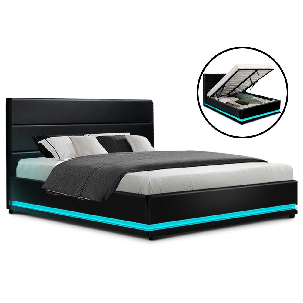 Artiss Lumi LED Bed Frame PU Leather Gas Lift Storage - Black Double-Bed Frames-PEROZ Accessories