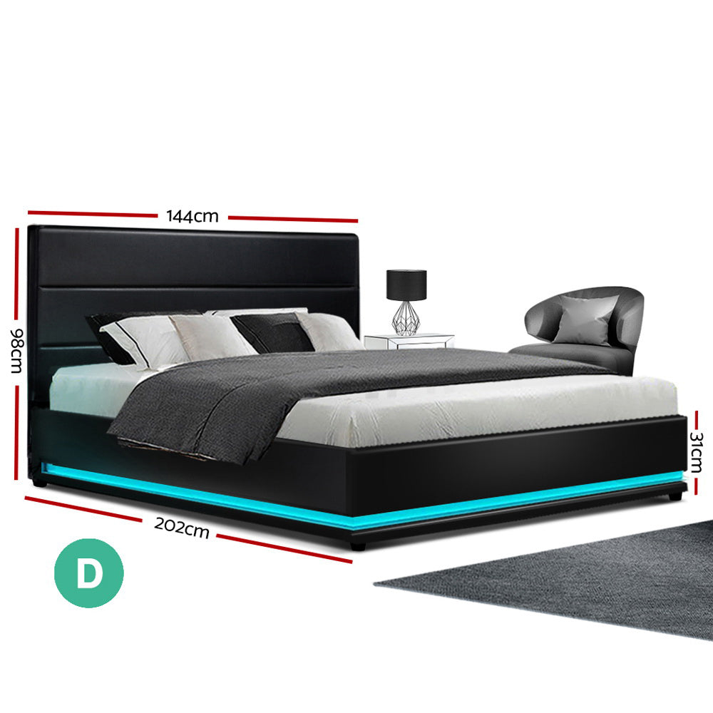 Artiss Lumi LED Bed Frame PU Leather Gas Lift Storage - Black Double-Bed Frames-PEROZ Accessories