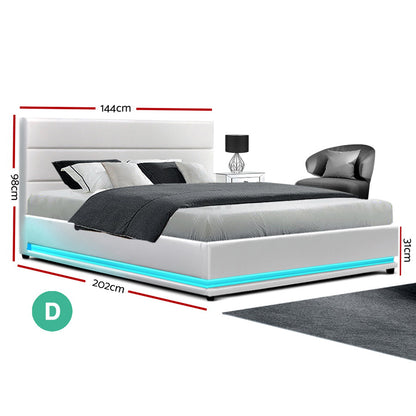 Artiss Lumi LED Bed Frame PU Leather Gas Lift Storage - White Double-Bed Frames-PEROZ Accessories