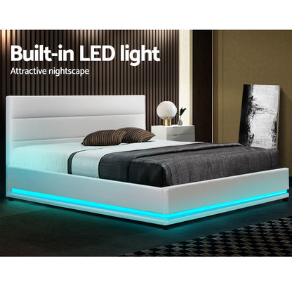 Artiss Lumi LED Bed Frame PU Leather Gas Lift Storage - White Double-Bed Frames-PEROZ Accessories