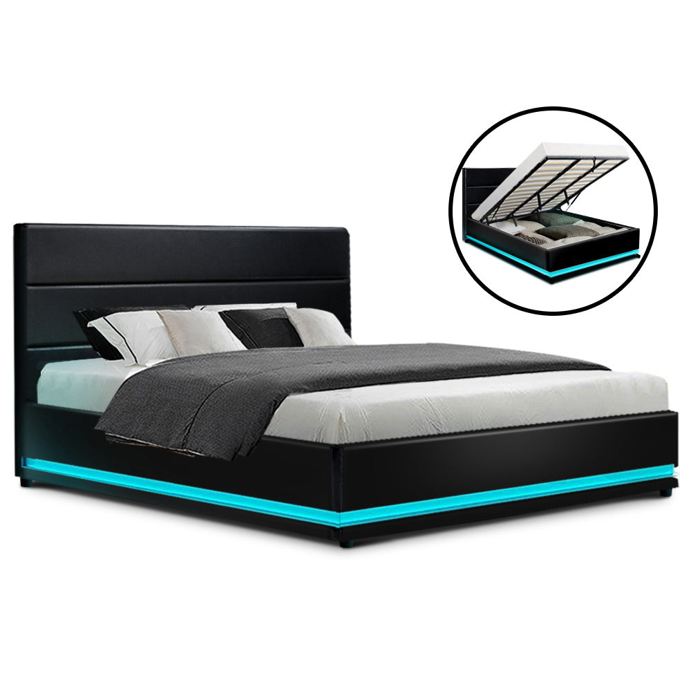 Artiss Lumi LED Bed Frame PU Leather Gas Lift Storage - Black King-Bed Frames-PEROZ Accessories