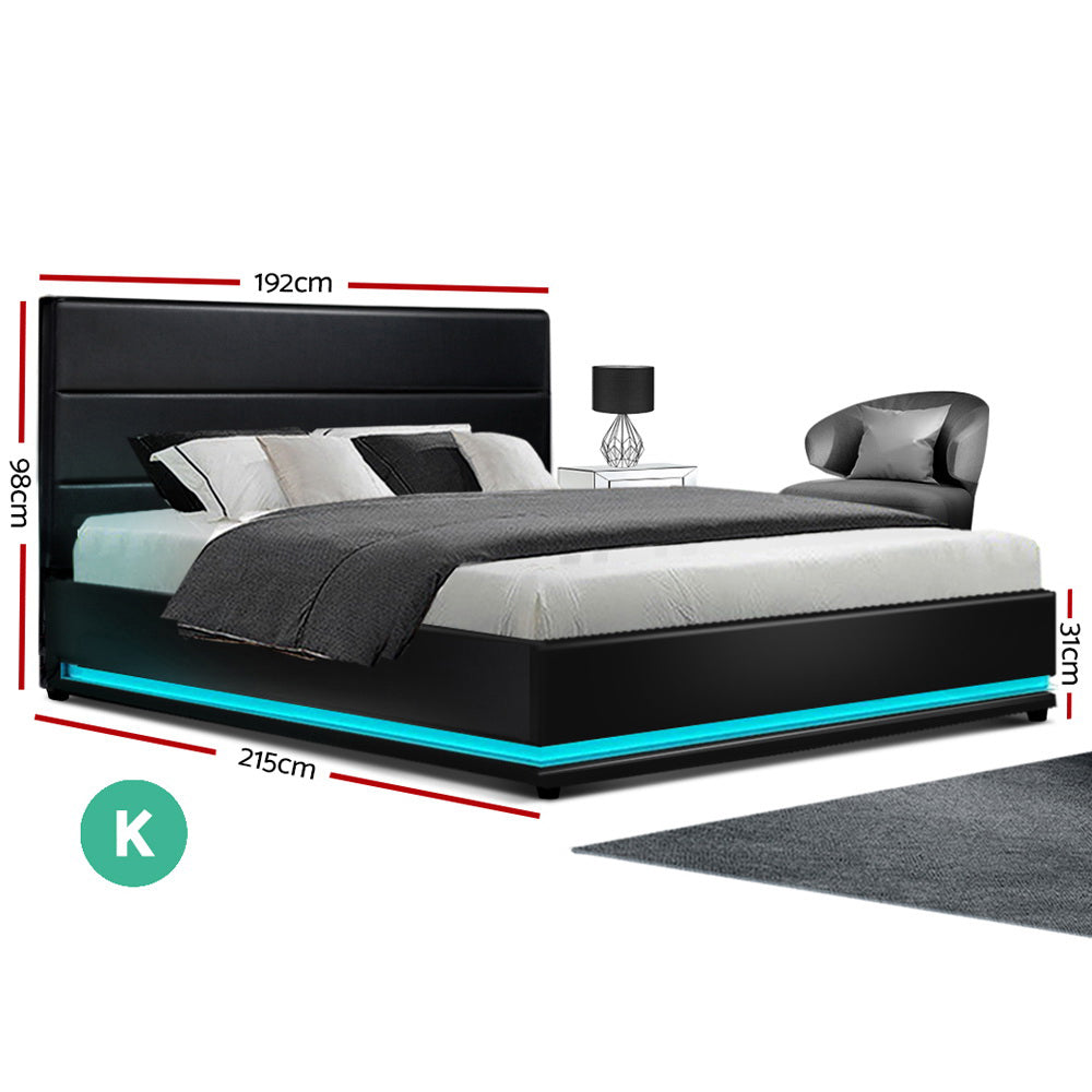 Artiss Lumi LED Bed Frame PU Leather Gas Lift Storage - Black King-Bed Frames-PEROZ Accessories