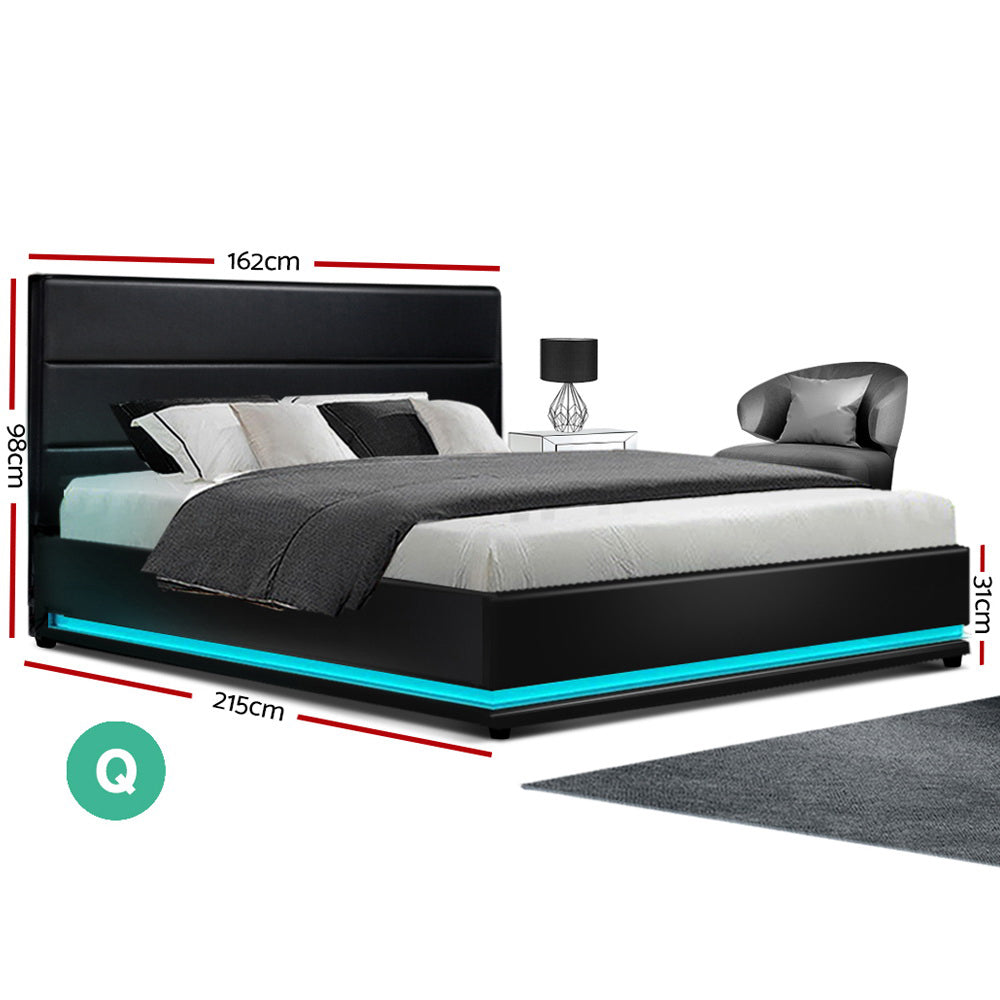 Artiss Lumi LED Bed Frame PU Leather Gas Lift Storage - Black Queen-Bed Frames-PEROZ Accessories