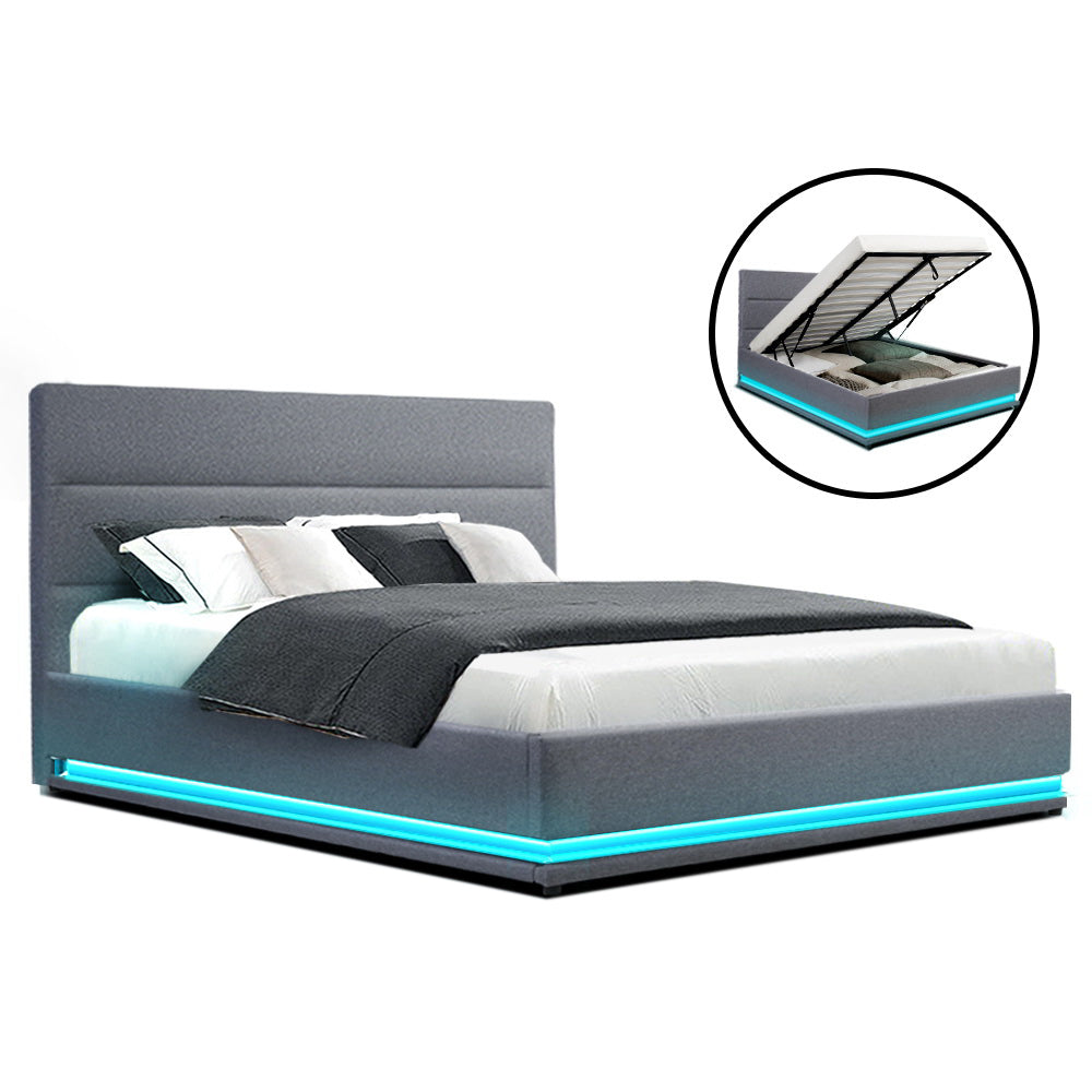 Artiss Lumi LED Bed Frame Fabric Gas Lift Storage - Grey Queen-Bed Frames-PEROZ Accessories