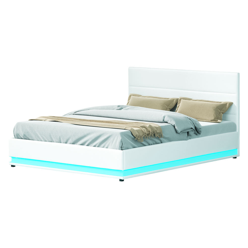 Artiss Lumi LED Bed Frame PU Leather Gas Lift Storage - White Queen-Bed Frames-PEROZ Accessories