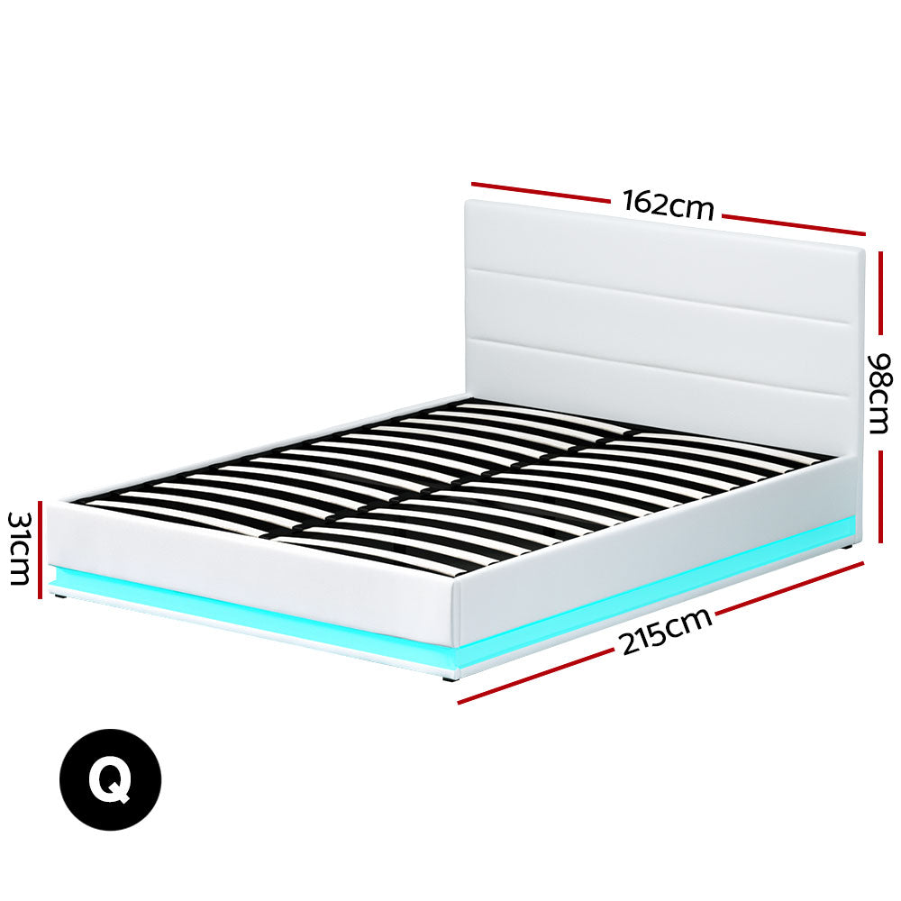 Artiss Lumi LED Bed Frame PU Leather Gas Lift Storage - White Queen-Bed Frames-PEROZ Accessories