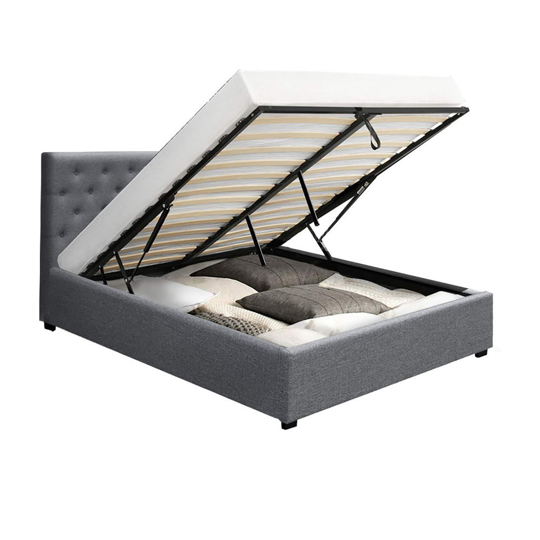 Artiss Vila Bed Frame Fabric Gas Lift Storage - Grey Double-Bed Frames-PEROZ Accessories