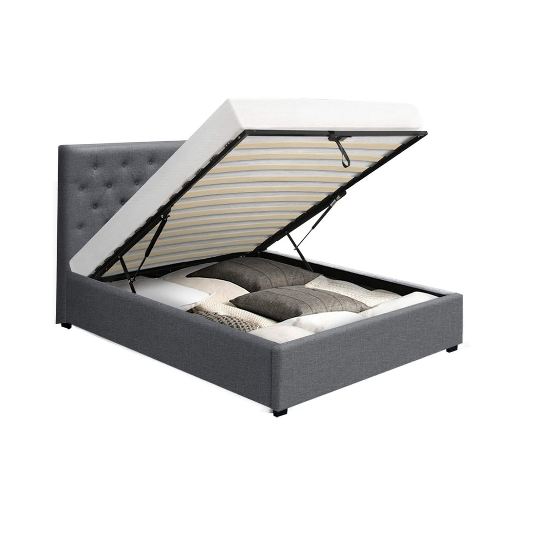 Artiss Vila Bed Frame Fabric Gas Lift Storage - Grey King Single-Bed Frames-PEROZ Accessories