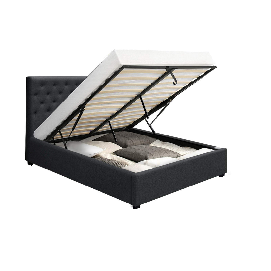 Artiss Vila Bed Frame Fabric Gas Lift Storage - Charcoal Queen-Bed Frames-PEROZ Accessories