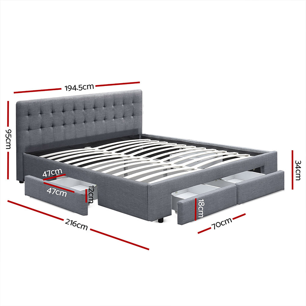 Artiss Avio Bed Frame Fabric Storage Drawers - Grey King-Bed Frames-PEROZ Accessories