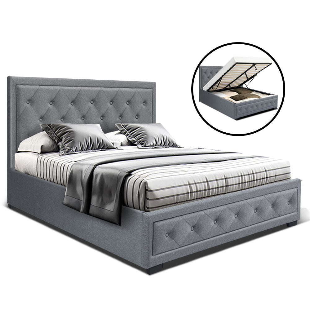 Artiss Tiyo Bed Frame Fabric Gas Lift Storage - Grey Double-Bed Frames-PEROZ Accessories