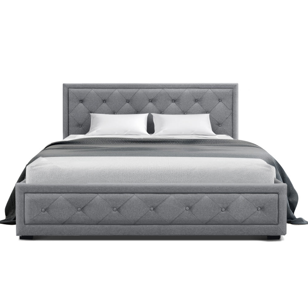 Artiss Tiyo Bed Frame Fabric Gas Lift Storage - Grey Double-Bed Frames-PEROZ Accessories