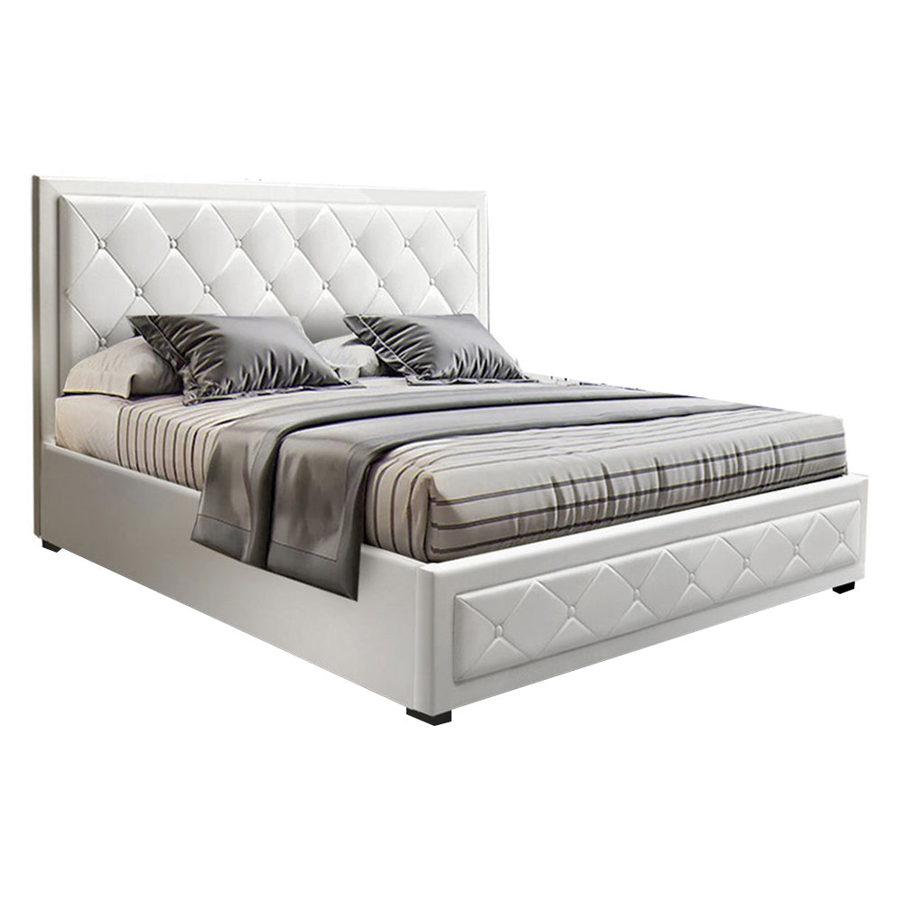 Artiss Tiyo Bed Frame PU Leather Gas Lift Storage - White Double-Bed Frames-PEROZ Accessories