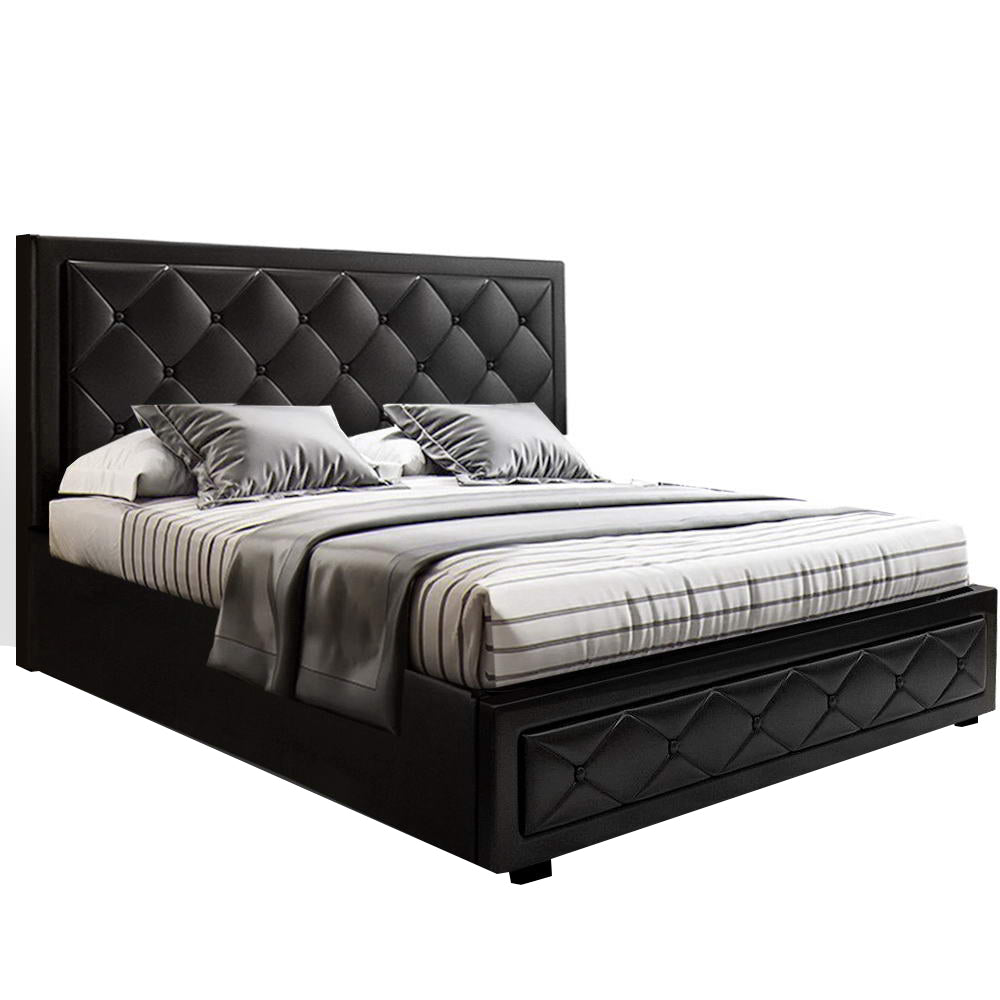 Artiss Bed Frame Double Size Gas Lift Base With Storage Black Leather Tiyo Collection-Bed Frames-PEROZ Accessories