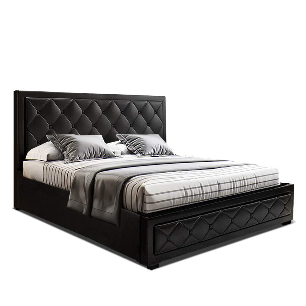 Artiss Tiyo Bed Frame PU Leather Gas Lift Storage - Black Queen-Bed Frames-PEROZ Accessories