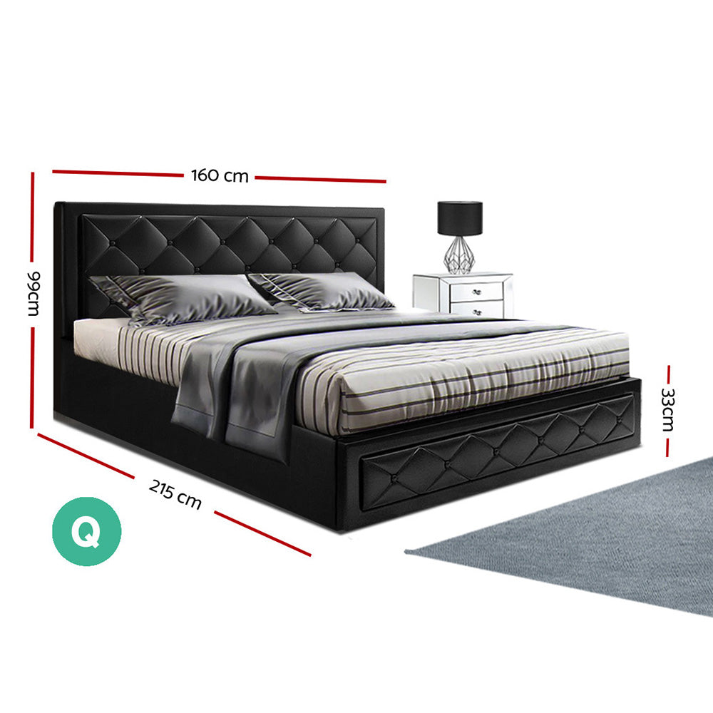 Artiss Tiyo Bed Frame PU Leather Gas Lift Storage - Black Queen-Bed Frames-PEROZ Accessories