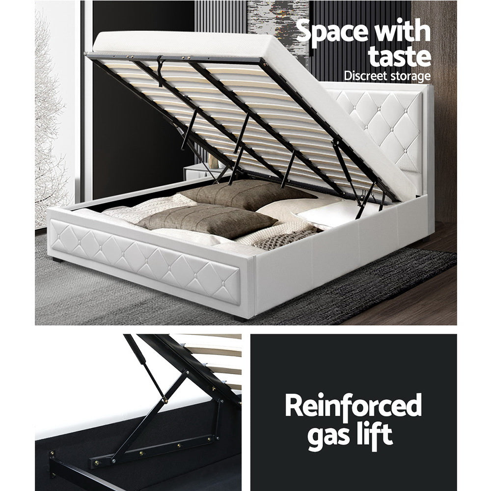 Artiss Bed Frame King Size Gas Lift Base With Storage White Leather Tiyo Collection-Bed Frames-PEROZ Accessories