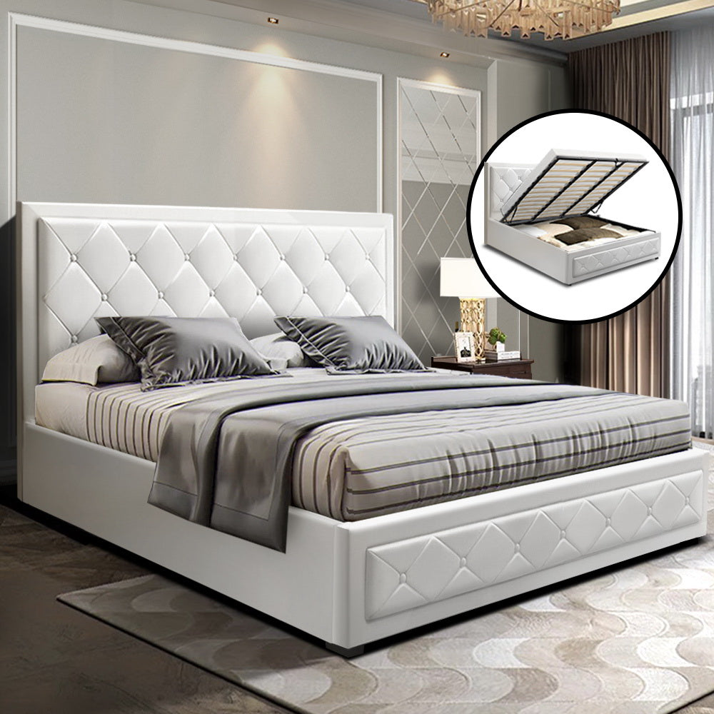 Artiss Bed Frame King Size Gas Lift Base With Storage White Leather Tiyo Collection-Bed Frames-PEROZ Accessories