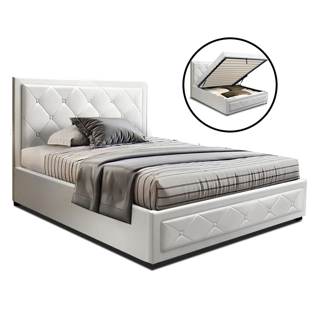 Artiss Tiyo Bed Frame PU Leather Gas Lift Storage - White King Single-Bed Frames-PEROZ Accessories