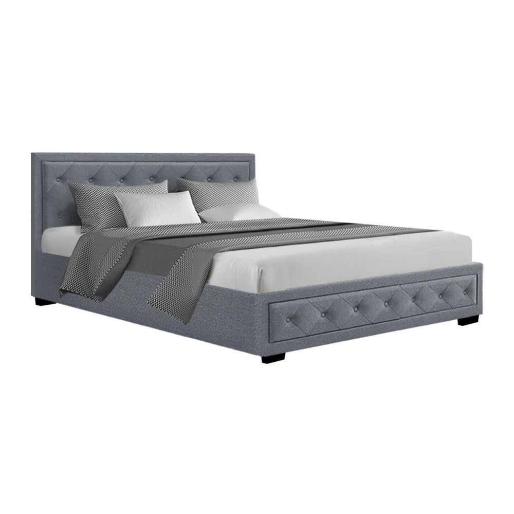 Artiss Tiyo Bed Frame Fabric Gas Lift Storage - Grey Queen-Bed Frames-PEROZ Accessories