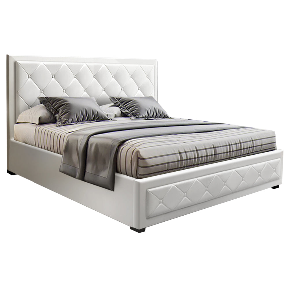 Artiss Tiyo Bed Frame PU Leather Gas Lift Storage - White Queen-Bed Frames-PEROZ Accessories