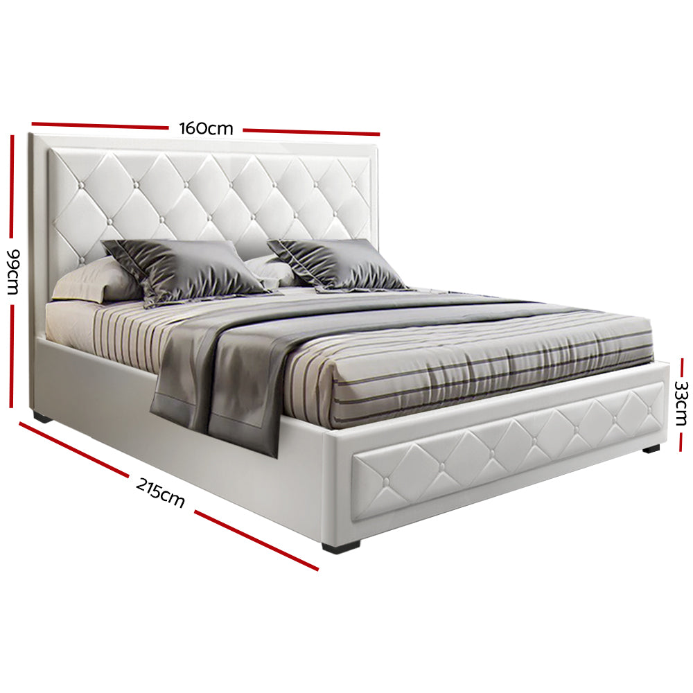 Artiss Tiyo Bed Frame PU Leather Gas Lift Storage - White Queen-Bed Frames-PEROZ Accessories