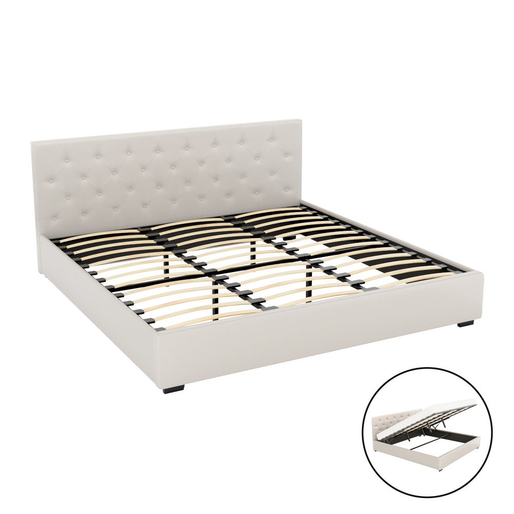 Artiss Bed Frame King Size Gas Lift Beige VILA-Furniture &gt; Bedroom &gt; Beds &amp; Bed Frames-PEROZ Accessories