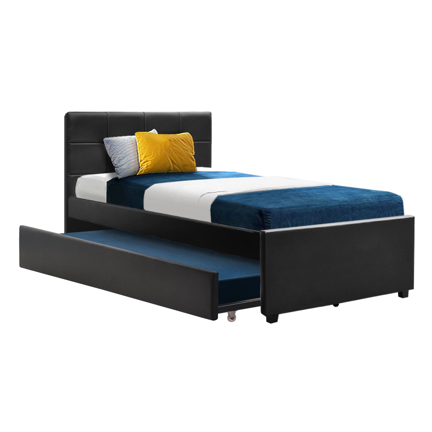 Artiss Trundle Bed Frame King Single Size Black Leather-Bed Frames-PEROZ Accessories