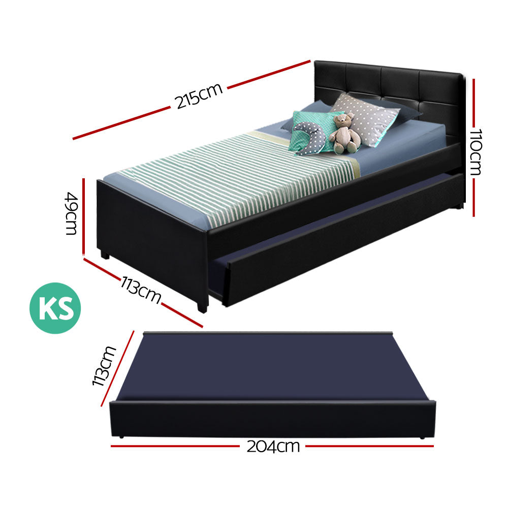 Artiss Trundle Bed Frame King Single Size Black Leather-Bed Frames-PEROZ Accessories