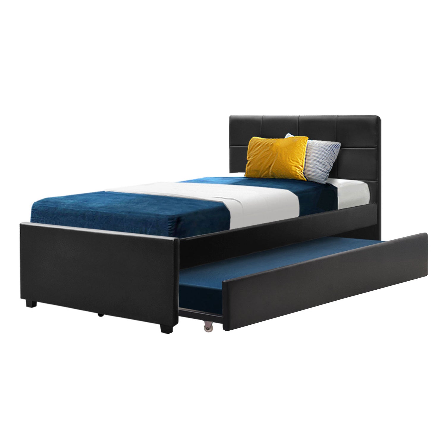 Artiss Trundle Bed Frame King Single Size Black Leather-Bed Frames-PEROZ Accessories