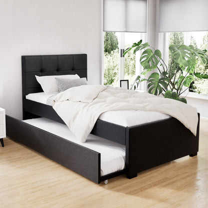 Artiss Trundle Bed Frame King Single Size Black Leather-Bed Frames-PEROZ Accessories