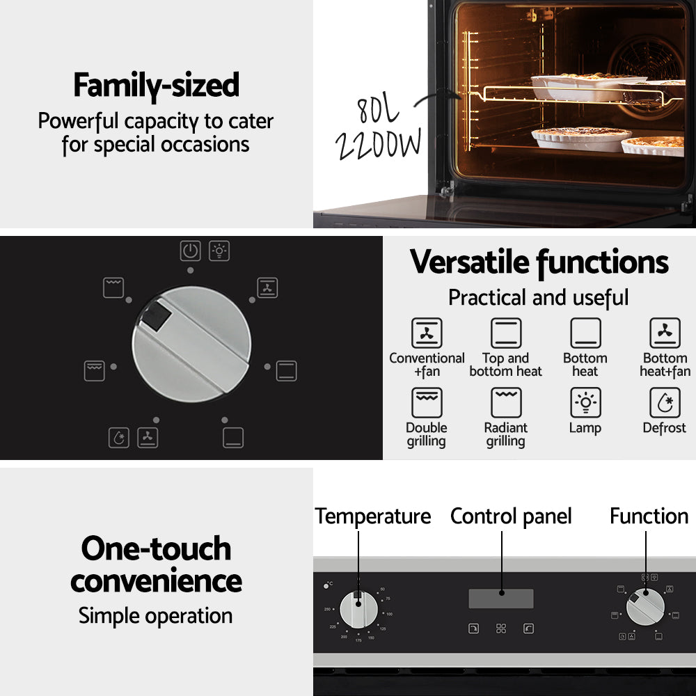 Devanti Electric Built In Wall Oven 80L Convection Grill Ovens Stainless Steel-Appliances &gt; Kitchen Appliances-PEROZ Accessories